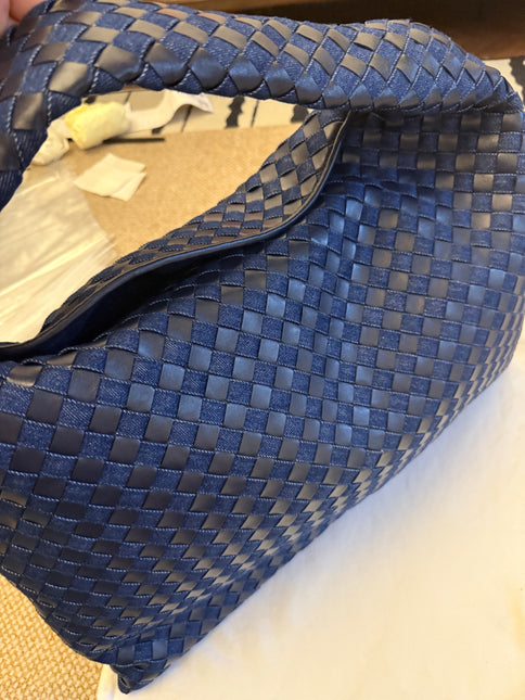 Bottega Veneta Hop Large Leather and Denim Intrecciato Navy Hobo Bag 55cm