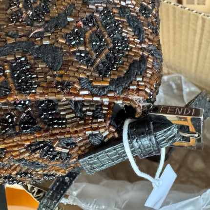 Fendi Mini Mamma Baguette Brown Glitter Beads Floral Embroidery