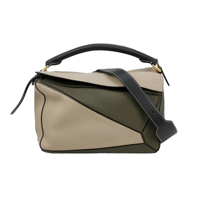 Loewe Puzzle Medium Tricolor Green Beige Calfskin leather bag-Luxbags