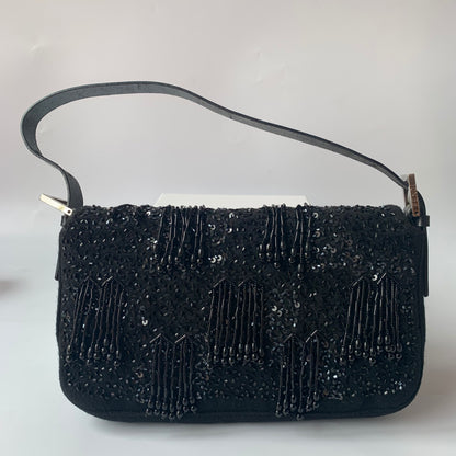 Fendi Baguette Vintage Black Beaded Tussle On Black Shoulder Bag