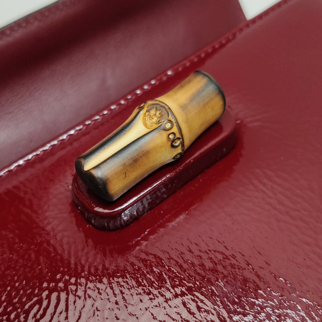 Gucci Bamboo 1947 Small Ancora Red Burgundy Patent Leather Top Handle Bag