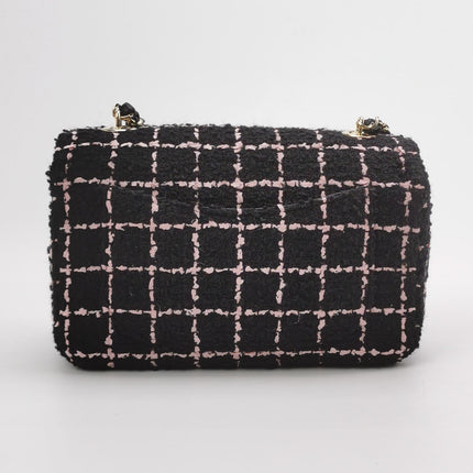 Chanel Mini Rectangular Tweed Flap Bag Black Pink Camellia Single Chain Crossbody