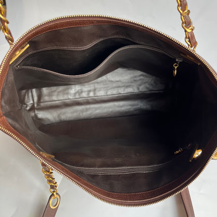 Chanel Vintage Front Pocket Tote Chocolate Brown Caviar Leather Double Gold Leather Chain