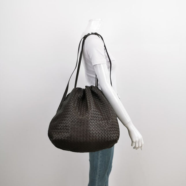 Bottega Veneta Drawstring Dark Chocolate Brown Intrecciato Leather Large Crossbody Bag
