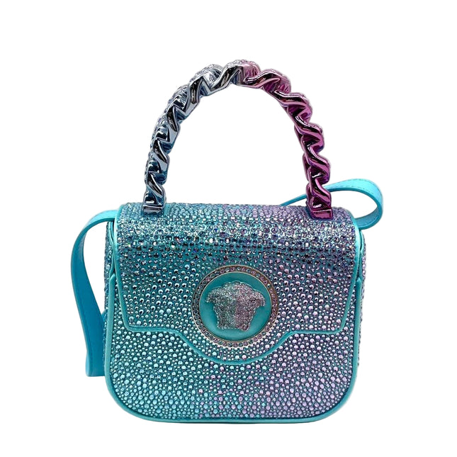 Versace La Medusa Mini Crystal Embellished Top Handle Bag in Blue Pink-Luxbags