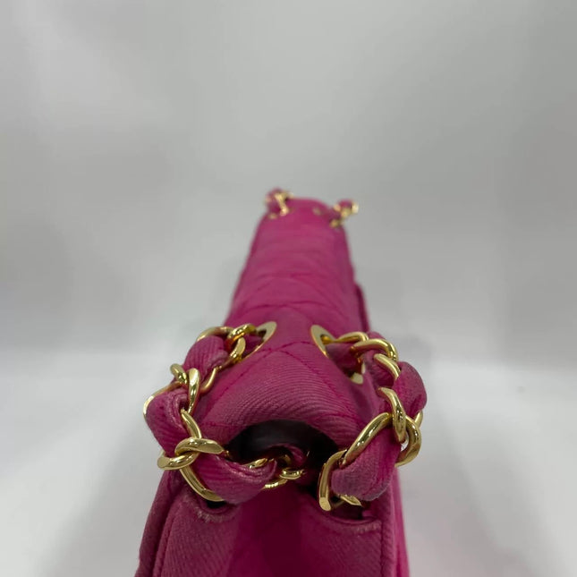Chanel RARE Vintage Classic Maxi 34 Flap Hot Pink Denim Giant CC 24 Gold Hardware