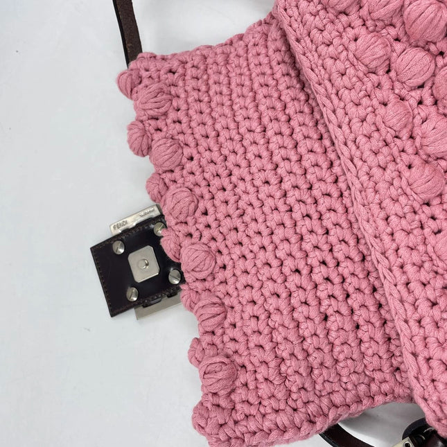 Sold Fendi Baguette Bag Pink Crochet Knit Wool Pompom Shoulder Bag