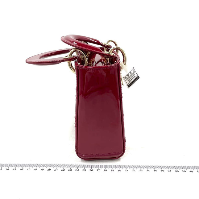 Lady Dior Mini Handbag Burgundy Red Patent Leather Gold-tone Chain Strap