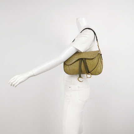 Dior Vintage Double Saddle Green Ostrich Leather Gold Hardware