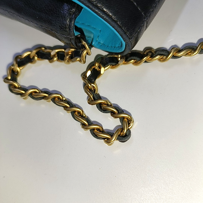 Chanel East West Chocolate Bar Black Leather Blue Interior