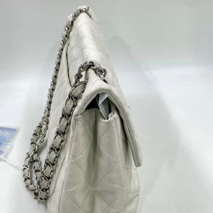 Chanel Classic Flap Maxi White Caviar Leather Silver-tone Hardware Giant CC Logo