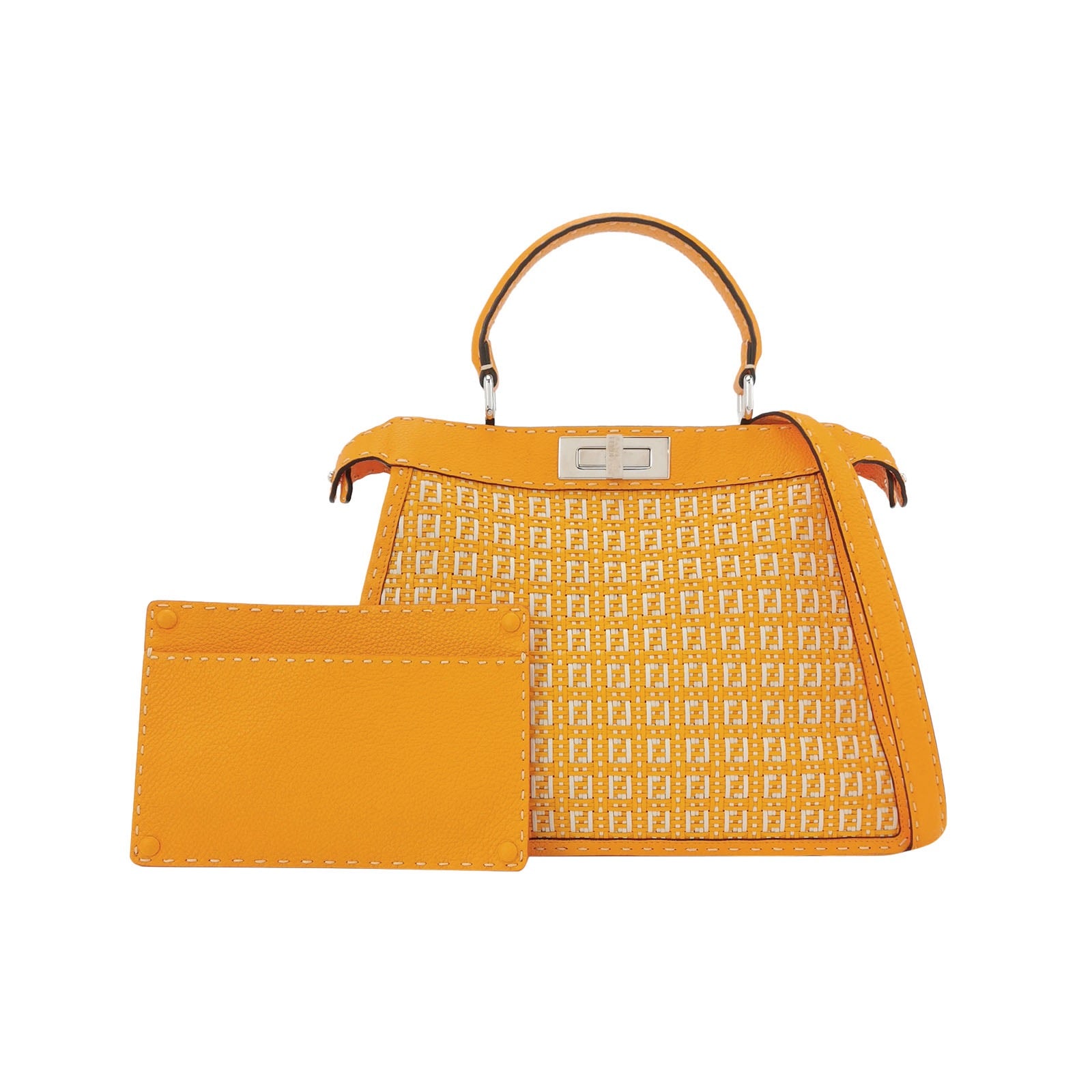 Fendi Peekaboo ISeeU Sellier Orange White Interlace Leather Medium Top Handle Bag