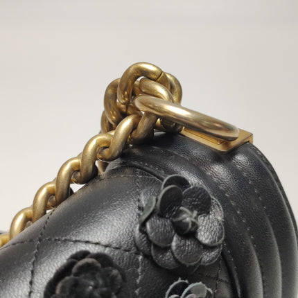 Chanel Le Boy Bag Small Camellia Black Lambskin Leather Gold Hardware
