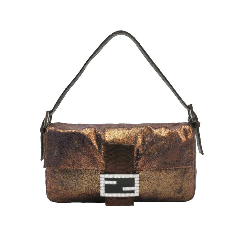 Fendi Baguette Copper Lambskin Leather Crystal Buckle Shoulder Bag-Luxbags