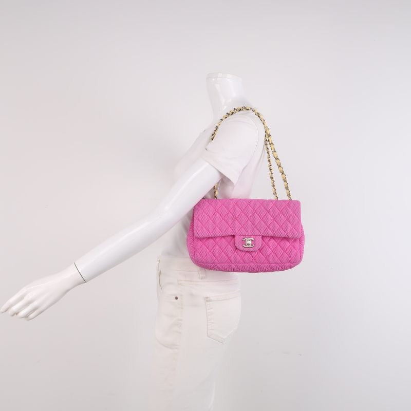 Chanel Flap Bag Medium Pink Perforated Fabric Yellow Patent Leather Stap 2009-2010