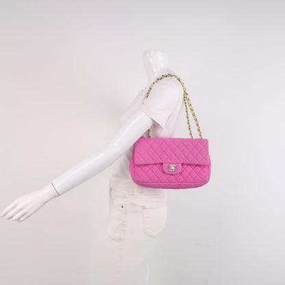 Chanel Flap Bag Medium Pink Perforated Fabric Yellow Patent Leather Stap 2009-2010