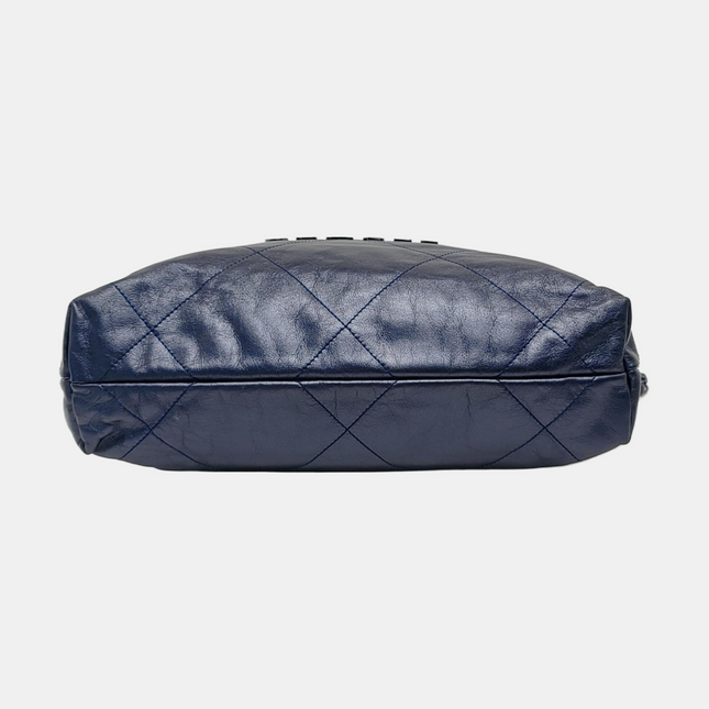 Chanel 22 Hobo Bag Medium Shiny Calfskin Leather Metallic Navy