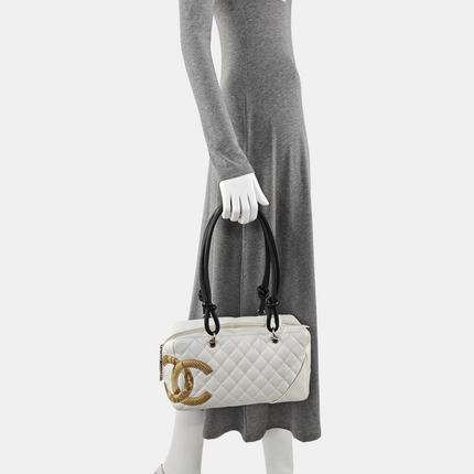 Chanel Cambon Medium Shoulder Bag White Calfskin Leather Snake-skin CC Logo Black Double Strap