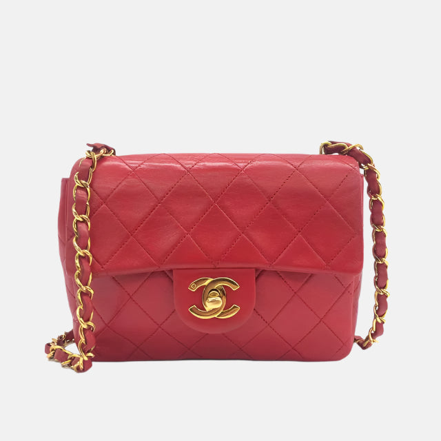 Chanel Vintage Classic Flap Mini Square Red Lambskin 24k Gold HW, 1989-1991-Luxbags