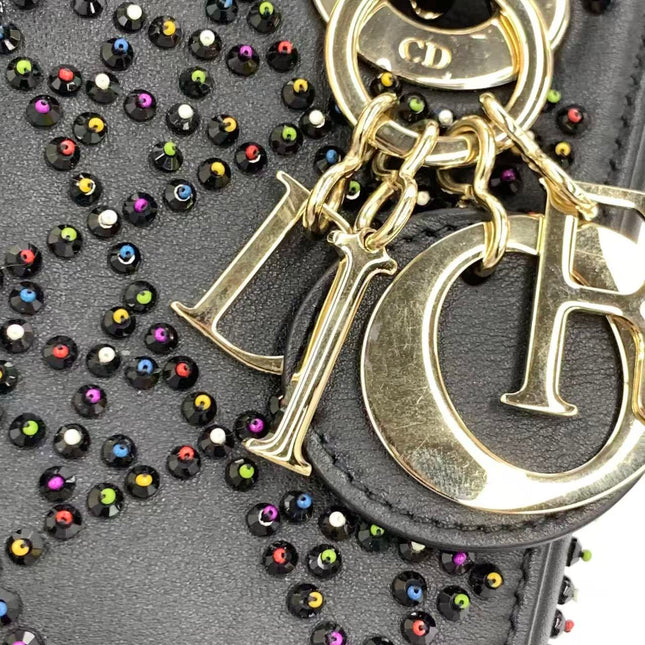 Lady Dior Mini Black Calfskin Leather with Multicolor Crystals Gold Hardware