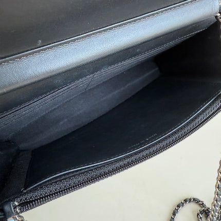 Chanel Wallet on Chain Classic Flap Black Patent Leather Silver Hardware