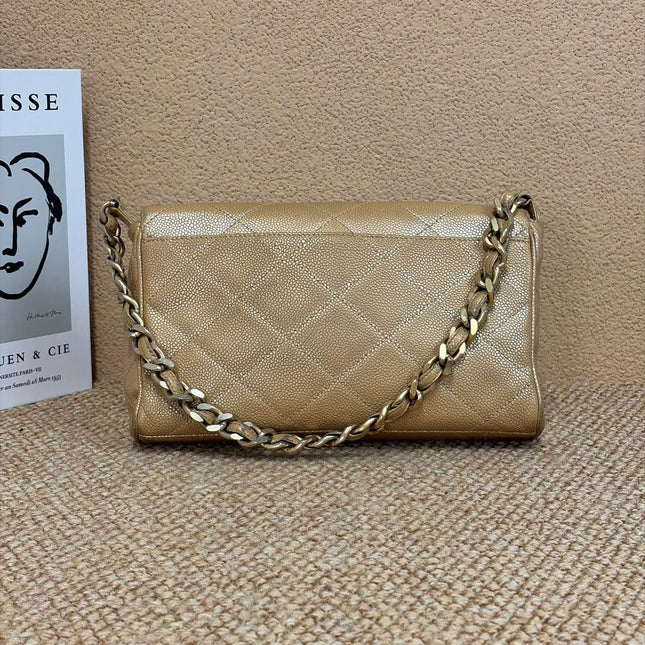 Chanel Vintage Beige Caviar Leather Shoulder Bag Gold Hardware