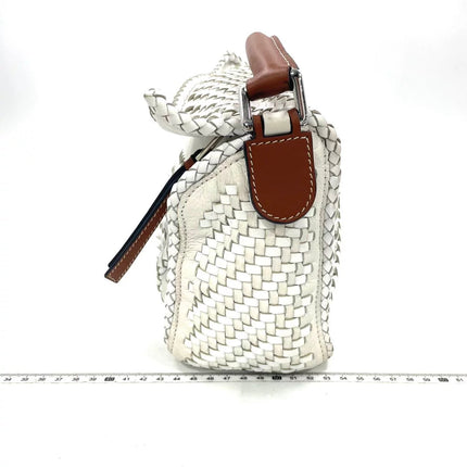 Loewe Puzzle Small Leather Woven Braided White Crossbody Bag