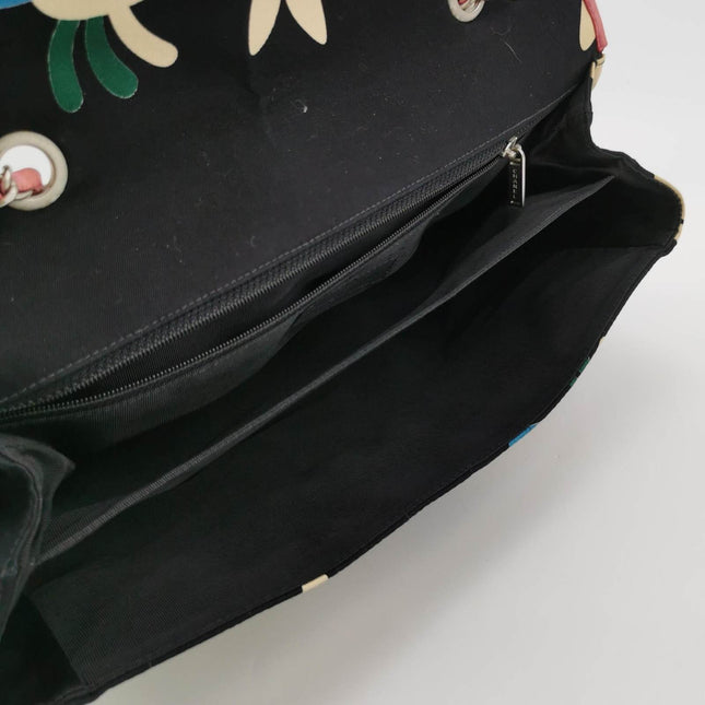 Chanel 2.55 Flap Bag Vintage Chocolate Bar Multipocket 2000 Large Black Fabric with Bird Print