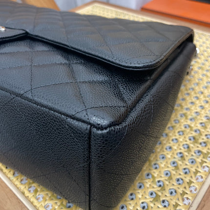 Chanel Classic Flap Maxi Black Caviar Leather Double Flap Sliver Hardware 2011-12