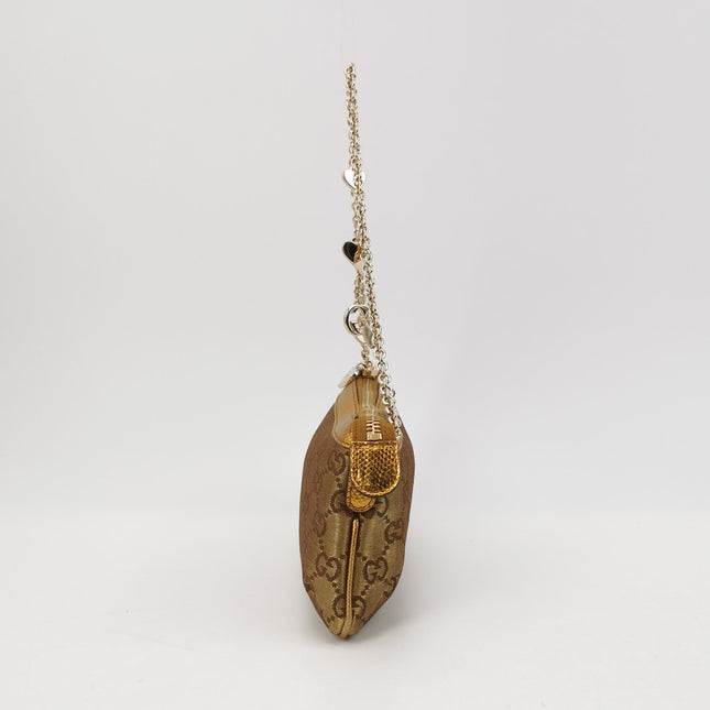 Gucci Clutch Pochette Gold Monogram Canvas and Leather Heart Chain