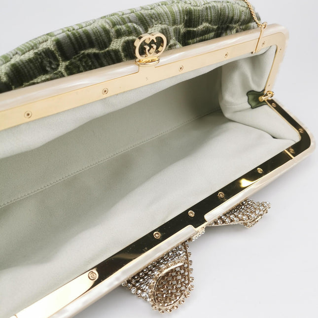 Gucci Crocodile-Pattern Green Velvet Jacquard Handbag Crystal Ribbon Chain Strap