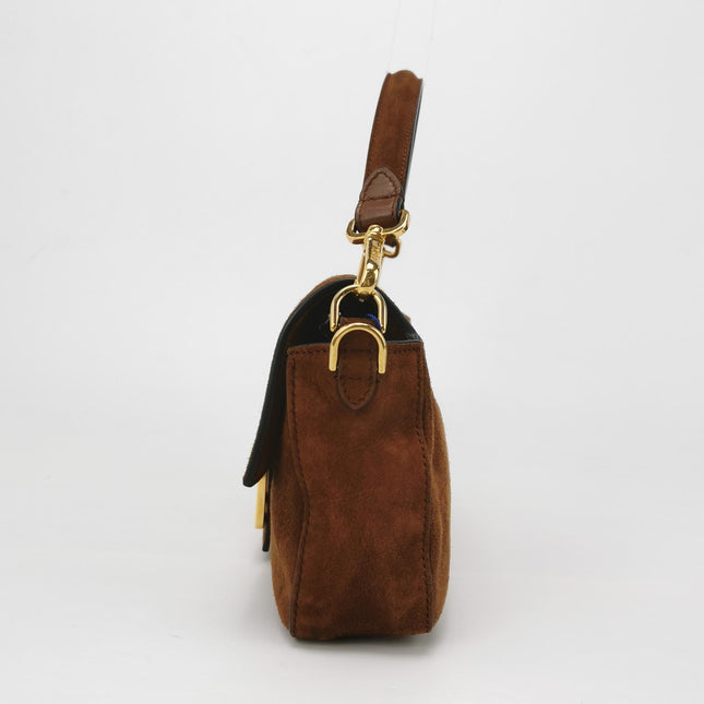 Fendi Baguette Selleria Suede Leather Crossbody Bag Medium Caramel Tan