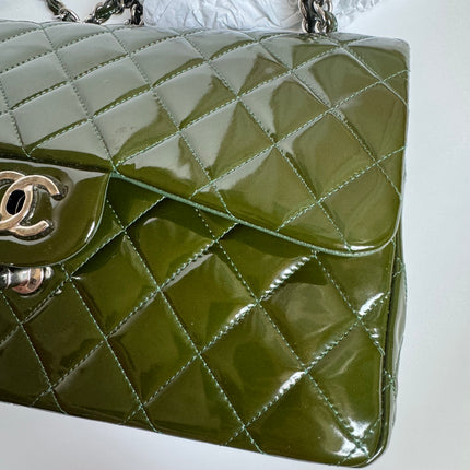 Chanel Classic Flap Jumbo Large Green Patent Leather Silver Hardware