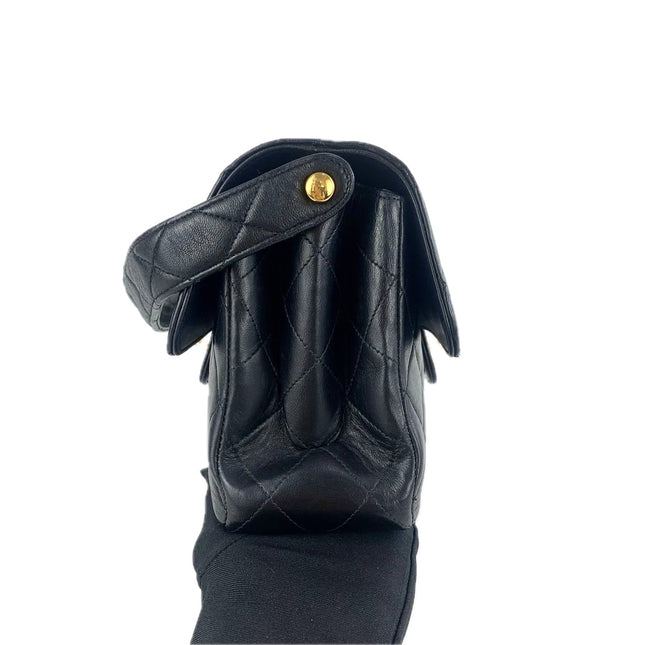Chanel Medium Double Sided Top Handle Flap Bag Black Lambskin Leather 24k Gold Hardware