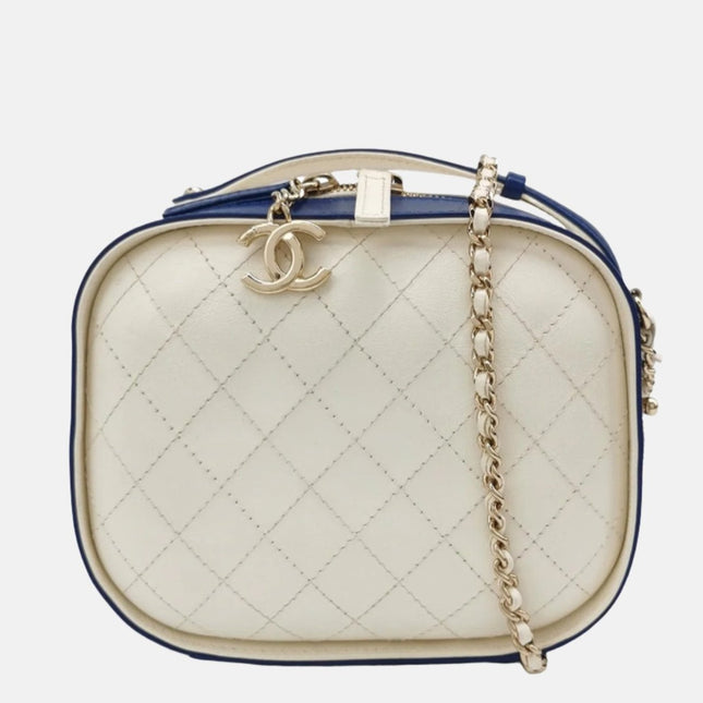 Chanel White and Blue Small Crumpled Calfskin Vanity Case Crossbody Bag-Luxbags