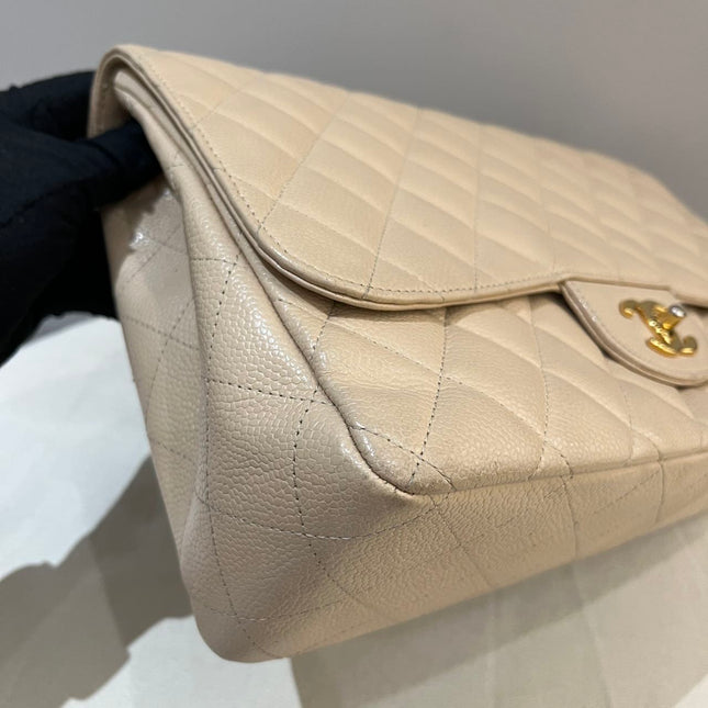 Chanel Classic Flap Jumbo Beige Caviar Leather Single Flap Silver Hardware