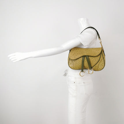 Dior Vintage Double Saddle Green Ostrich Leather Gold Hardware