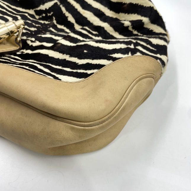 Gucci Jackie Soft Medium Zebra Print Pony-style Calfskin and Beige Suede Silver HW