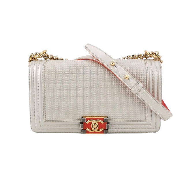 Chanel Le Boy Medium White Pearlescent Waffle Lambskin Leather Red Lock 2013-2014-Luxbags
