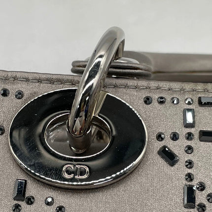 Lady Dior Mini Grey Silk with Crystals Silver Hardware