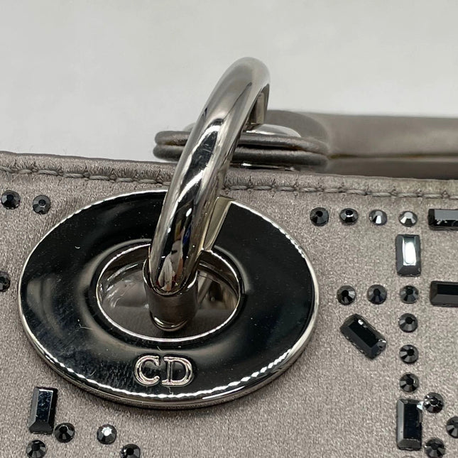 Lady Dior Mini Grey Silk with Crystals Silver Hardware