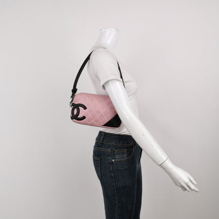 Chanel Cambon Clutch Shoulder Bag Pink Calfskin Leather Black Strap