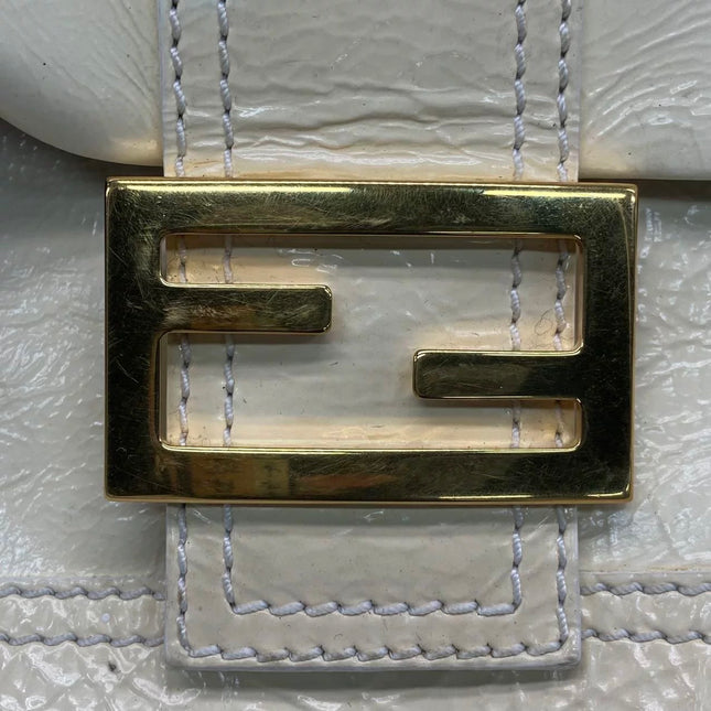 FENDI Baguette White Crinkled Patent Leather Shoulder Bag