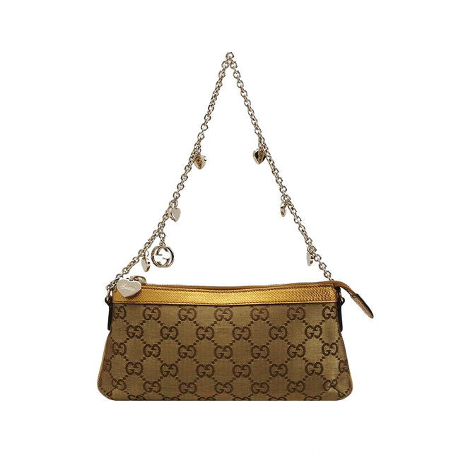 Gucci Clutch Pochette Gold Monogram Canvas and Leather Heart Chain-Luxbags