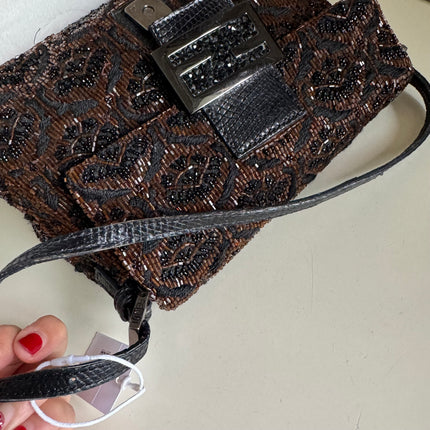 Fendi Mini Mamma Baguette Brown Glitter Beads Floral Embroidery