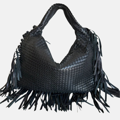 Bottega Veneta Veneta Fringed Hobo Large Black 50-53cm Lambskin Leather