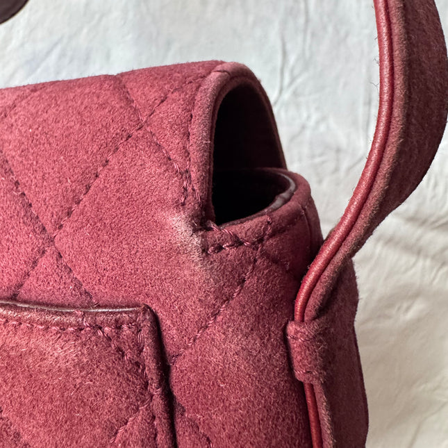 Chanel Vintage Medium Flap Top Handle Bag Burgundy Suede Leather 1997-1999