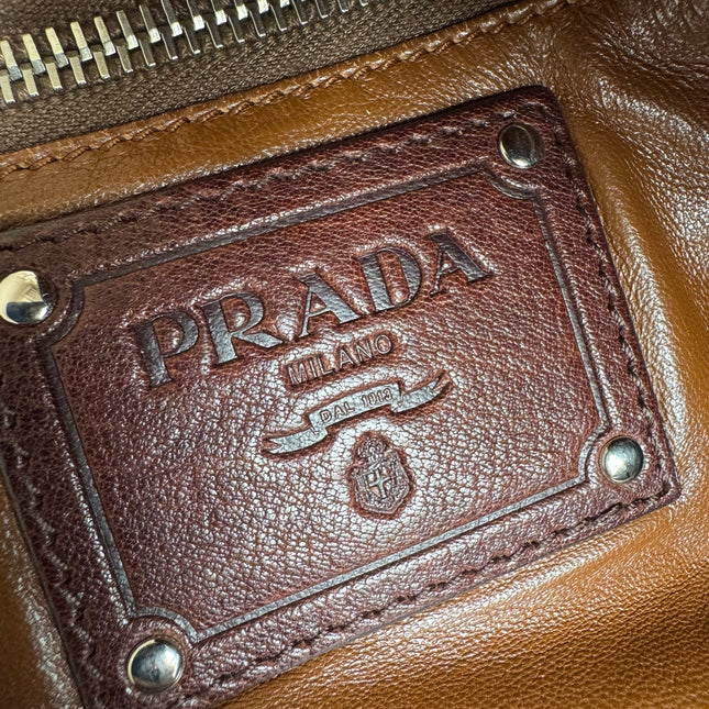 Prada Large Brown Washed Top Handle Bauletto Bag Calfksin Leather