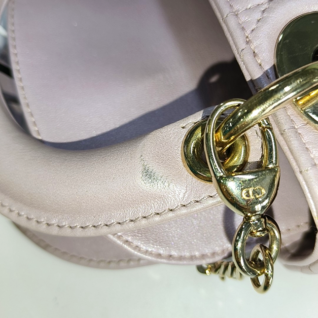 Lady Dior Mini Pearlescent Pink Lambskin Leather Gold HW Chain Strap