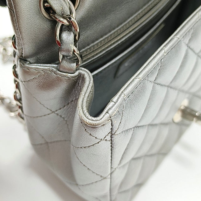 Chanel Classic Flap Mini Square Silver Lambskin Leather
